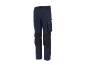 Blue work trousers with black details and side pockets.