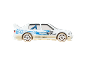White toy rally car with blue graphics and dirt effects.