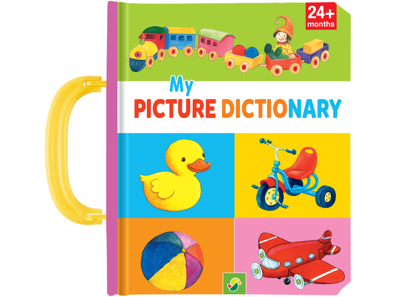 Children's picture dictionary with handle, featuring a train, duck, tricycle, ball, and airplane.