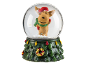 Christmas snow globe with a reindeer wearing a Santa hat and scarf, on a tree-shaped base.