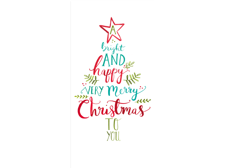 Christmas card in the shape of a tree with text in English.