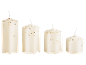 Four white candles of varying sizes with gold star-shaped glitter.