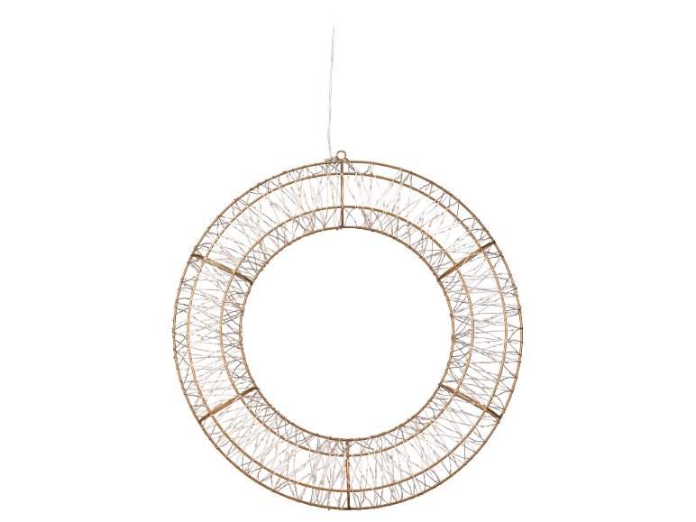 Gold-colored decorative ring with white LED lights on a black background.
