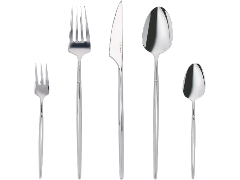 Stainless steel cutlery set, including a small fork, a large fork, a knife, a spoon, and a small spoon.