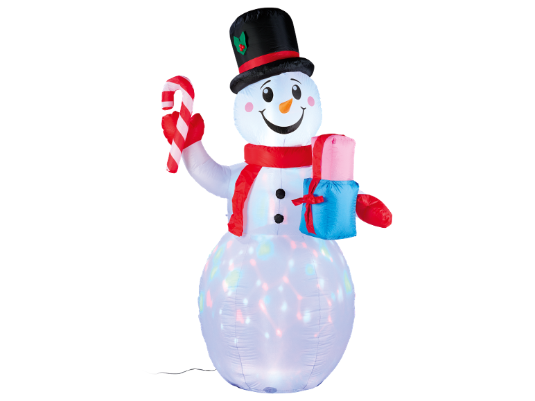 Inflatable snowman with top hat, red scarf, candy cane, and gift, illuminated with colorful lights.
