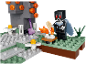 Black building block figure with blue cape next to a campfire and a purple sword.