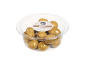 Gordal olives with pits in a transparent plastic container.