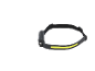 Black LED headlamp with a yellow strip, ideal for outdoor activities.