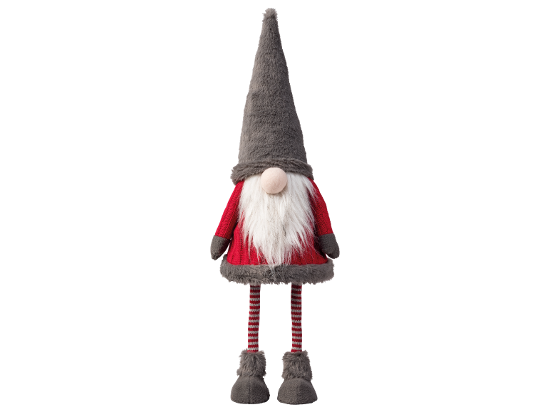 Christmas gnome with a grey hat, white beard, red sweater, and striped legs.