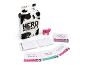 Cow-themed board game containing cards, note pads, and a pink cow figurine.