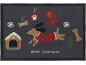 Christmas doormat with a dog, gingerbread house, and the text 'Merry Everything'.