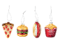 Fast food Christmas ornaments: pizza, burger, hot dog, and French fries.