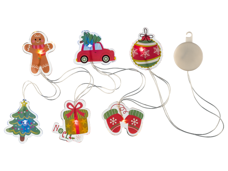 Christmas string lights with gingerbread man, car, ornament, tree, gift, and mittens.