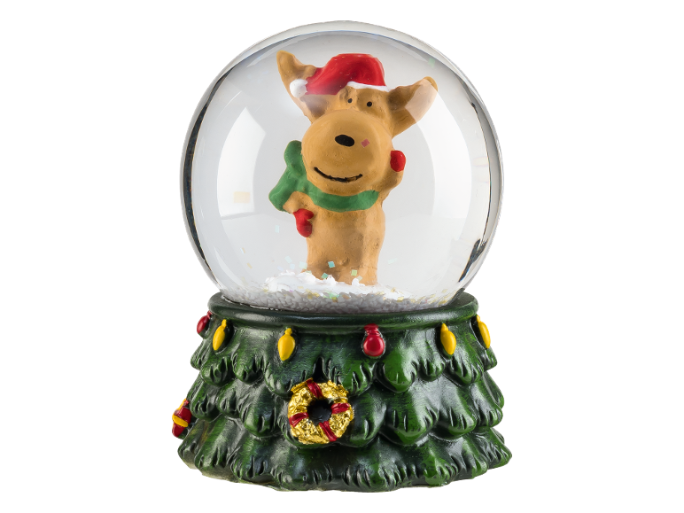 Christmas snow globe with a reindeer wearing a Santa hat and scarf, on a tree-shaped base.