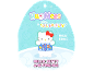 Hug Mees tag featuring Hello Kitty in a blue vest, against a background of characters.