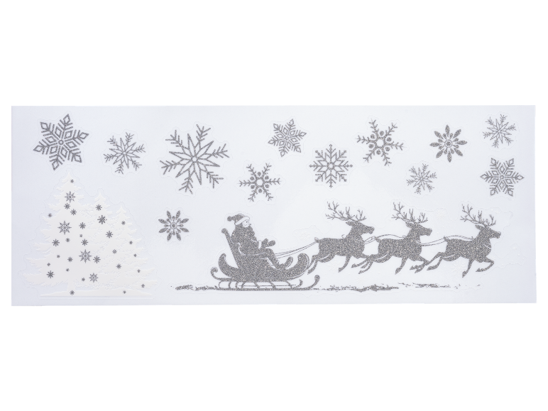 Glitter Christmas stickers: snowflakes, Santa in sleigh with reindeer, and trees.