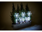 Illuminated snowflake garden stakes in a planter with evergreen shrubs.
