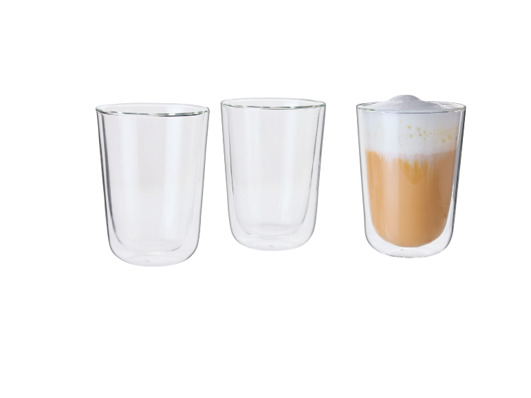 Set of three double-walled glass cups, one filled with coffee and milk foam