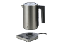 Grey electric kettle with temperature control base on black background.