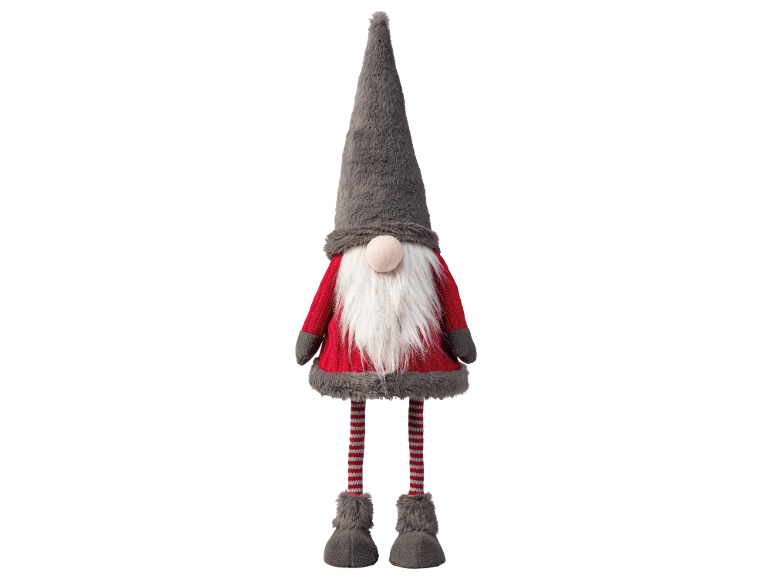 Christmas decorative gnome with a grey hat, white beard, and red outfit.