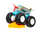 Toy monster truck with an airplane body, featuring 'Airplane Mode' text, crushing a yellow car.