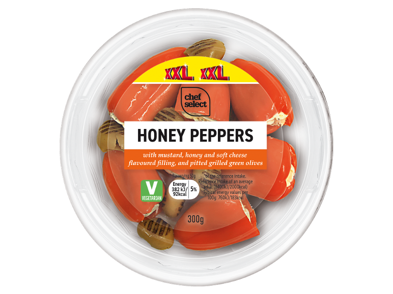 Honey peppers with cheese filling and grilled green olives, 300g pack.