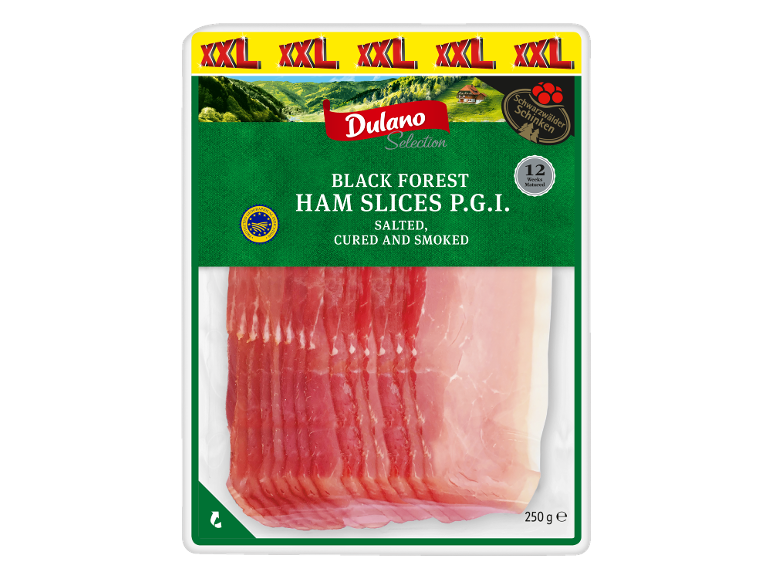 Packaging of Black Forest ham slices, salted, cured, and smoked, with PGI and 12 weeks matured.