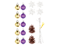 Christmas decorations: gold and purple baubles, snowflakes, pine cones, and silver strings.