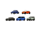 Six toy cars in various colors and models, including a blue sedan and an orange convertible.