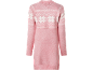 Pink sweater with white snowflake pattern, back view.