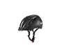 Black bicycle helmet with white reflectors and a red buckle.