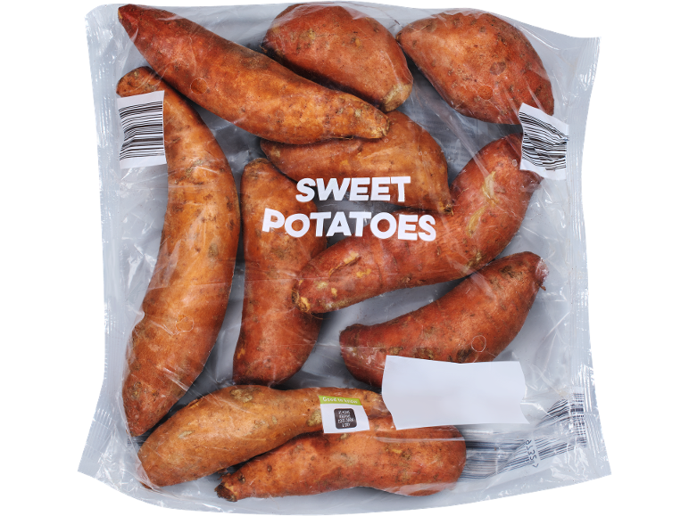 Packaged sweet potatoes in a transparent bag.