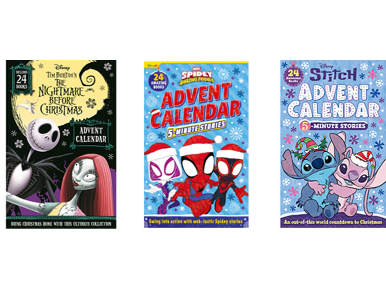 Three different children's advent calendars with books.