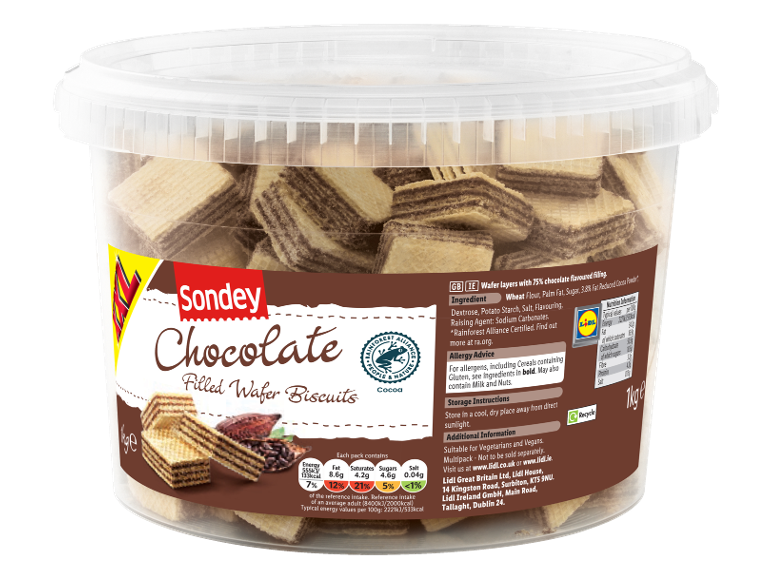Chocolate wafer biscuits in a transparent plastic container, with nutritional and ingredient information.