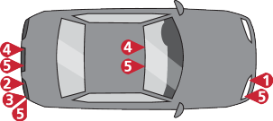 Car diagram with numbered points 1, 2, 3, 4, 5 indicating areas.