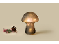 Glass lamp in the shape of a mushroom next to a pinecone and a branch with red berries
