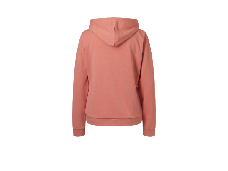 Women's peach-colored hoodie, back view.