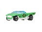 Green toy car with a blue windshield and black and white details, featuring a circuit board design.