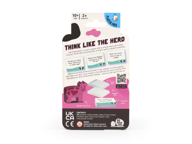 Back of the packaging for a party board game with cards and a wooden figure.