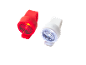Two bicycle lights, one red and one white, both illuminated.