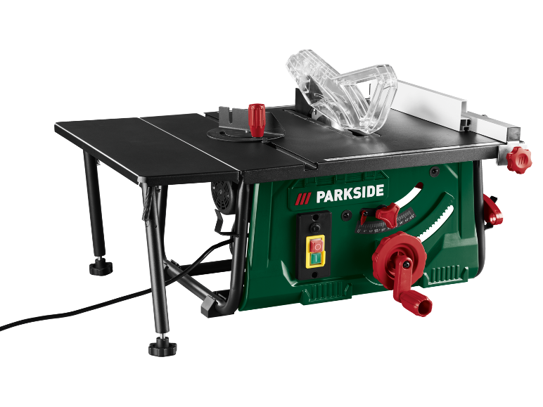 Green and black table saw with red accents, featuring angle adjustments.