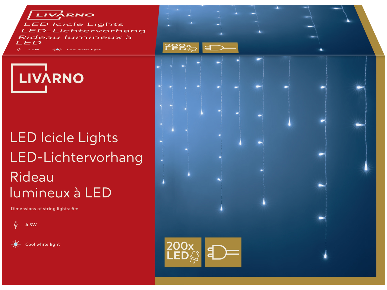 Livarno LED-Lichtervorhang box with 200 cool white LED lights, 4.5W, 6m long.