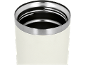 Top-down view of a cream-colored thermal mug with a silver-colored metal rim.
