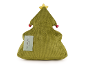 Green decorative pillow in the shape of a Christmas tree with a star and bells