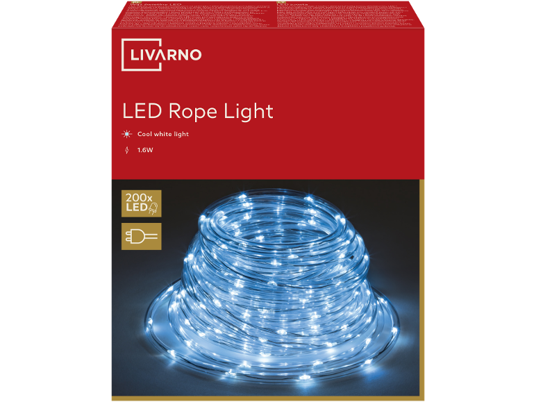 Livarno LED Rope Light with 200 cool white LEDs and 1.6W power.