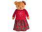 Teddy bear with red snowflake sweater and plaid skirt