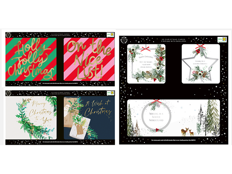 Three packs of festive Christmas cards in various designs with envelopes.