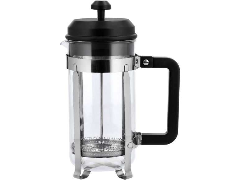 French press coffee maker with a glass carafe and stainless steel frame.