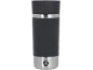 Dark grey and silver travel mug with a triangular button at the bottom.