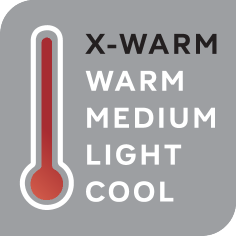 Thermometer with heat levels: X-WARM, WARM, MEDIUM, LIGHT, COOL.